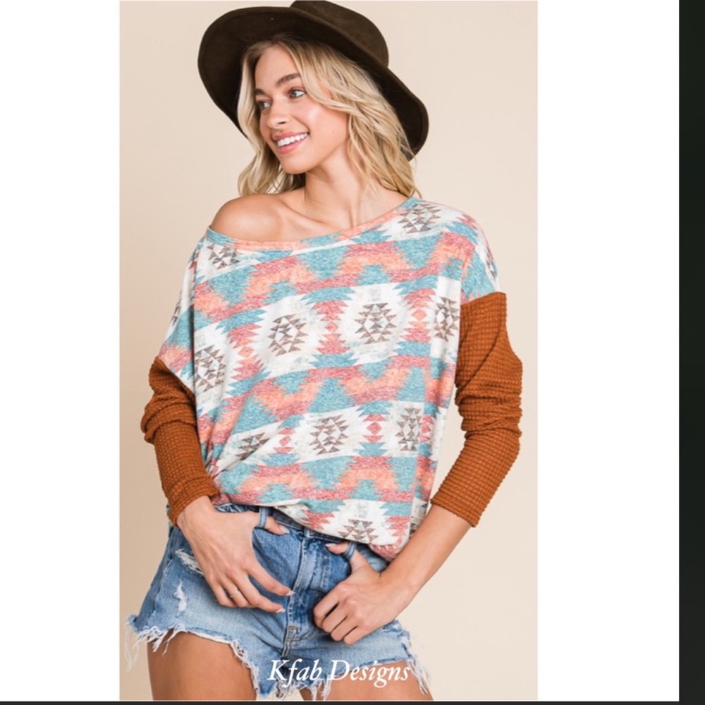 RJ 220 Color Block Thermal Aztec Print Relaxed Fit Top!